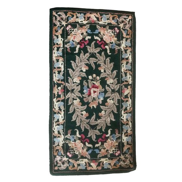 Vtg 1980's - 1990s Dk Green Multi Color Floral Hook Rug 45
